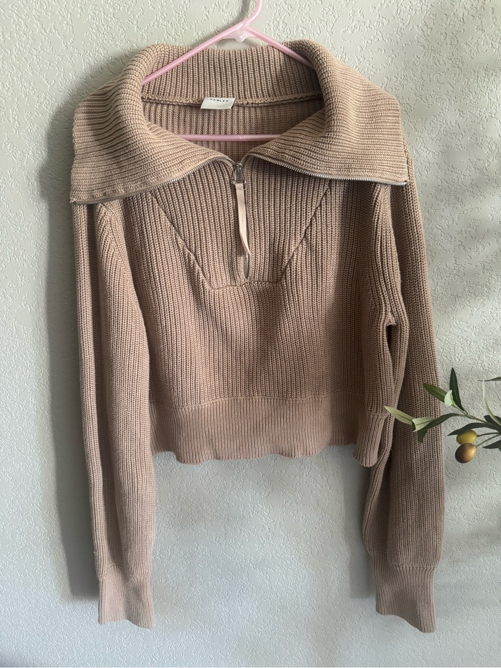 Varley Mentone Half Zip Ribbed Cotton Sweater Taupe Beige Size Large